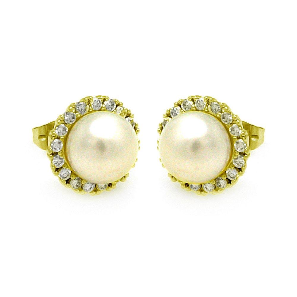 925 Sterling Silver Gold Plated Round CZ Center Fresh Water Pearl Stud Earrings