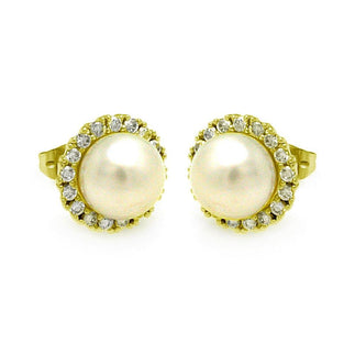 925 Sterling Silver Gold Plated Round CZ Center Fresh Water Pearl Stud Earrings