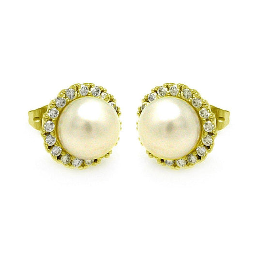 925 Sterling Silver Gold Plated Round CZ Center Fresh Water Pearl Stud Earrings