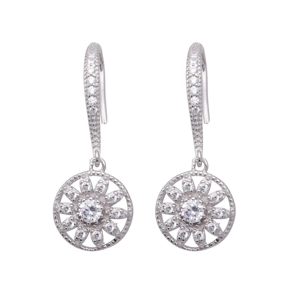 925 Silver Rhodium Plated Flower CZ Dangling Hook Earrings