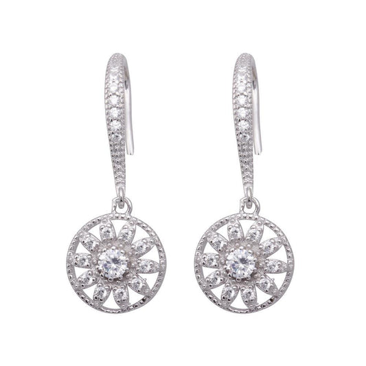 925 Silver Rhodium Plated Flower CZ Dangling Hook Earrings