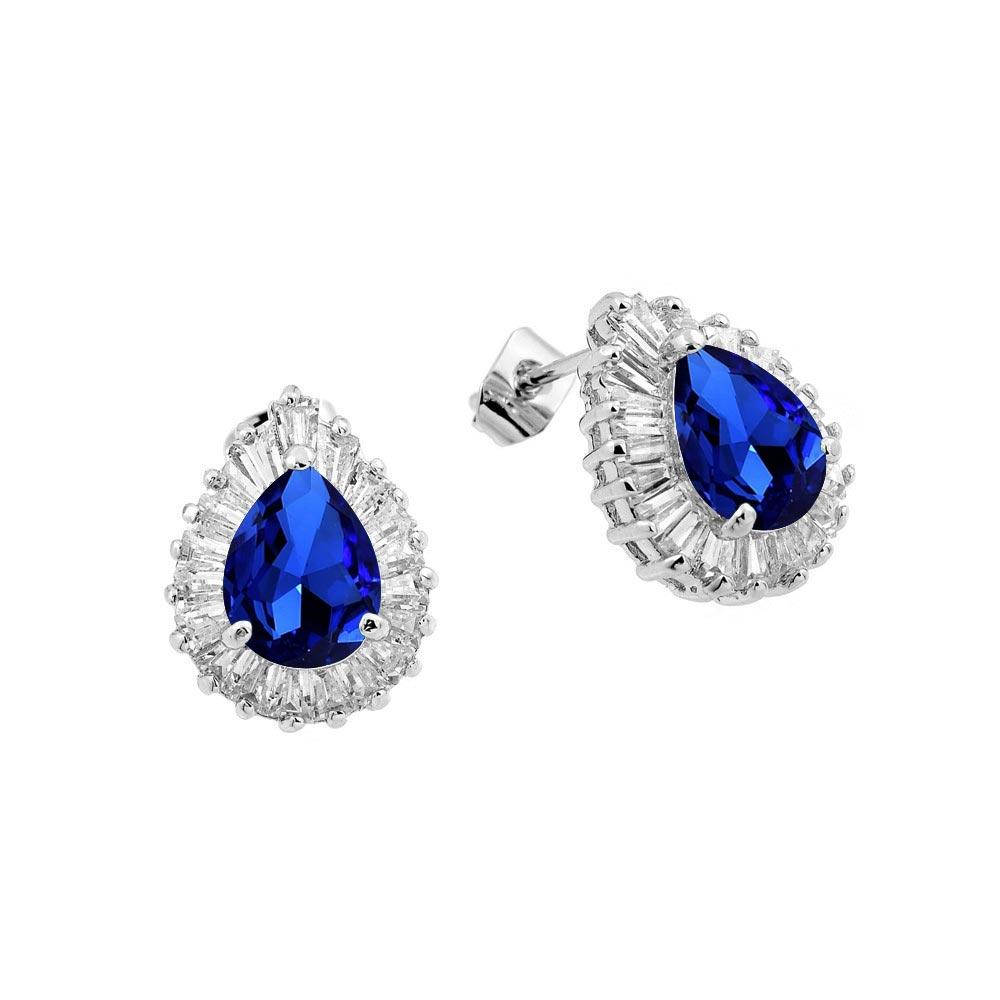 925 Silver Rhodium Plated Clear and Blue Teardrop Baguette CZ Stud Earrings
