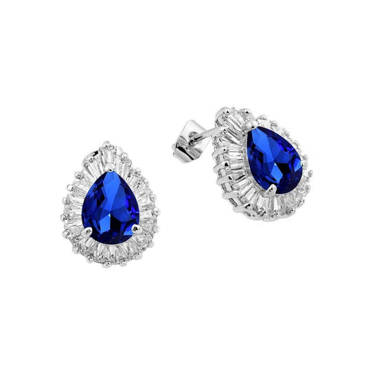 925 Silver Rhodium Plated Clear and Blue Teardrop Baguette CZ Stud Earrings