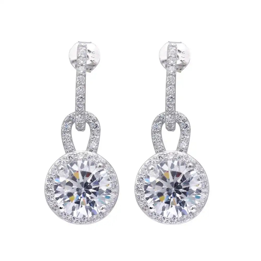 925 Sterling Silver Rhodium Plated Two Piece Round Pave CZ Dangling Stud Earrings