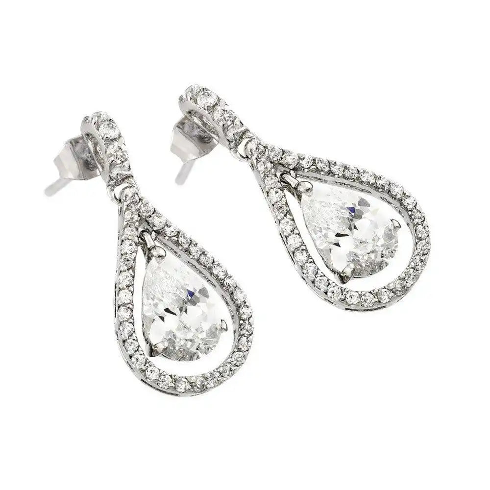 925 Sterling Silver Rhodium Plated Channel Teardrop CZ Dangling Stud Earrings
