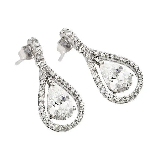 925 Sterling Silver Rhodium Plated Channel Teardrop CZ Dangling Stud Earrings