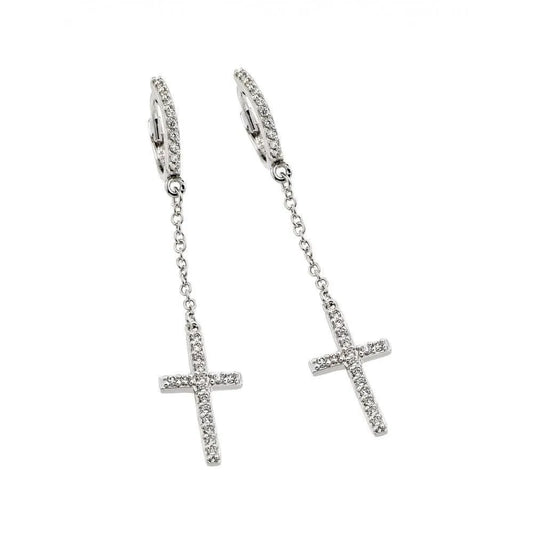 925 Sterling Silver Rhodium Plated Round Cross Clear CZ Wire Dangling huggie hoop Earrings