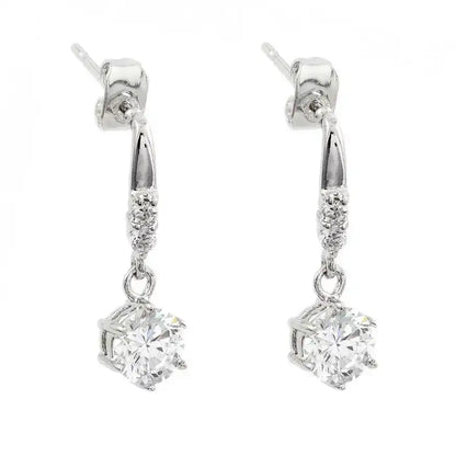 925 Sterling Silver Rhodium Plated Round Center CZ Dangling Stud Earrings