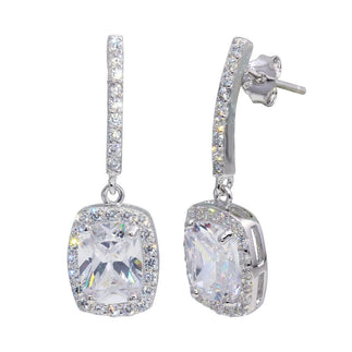 925 Sterling Silver Rhodium Plated Dangling Square CZ Earrings