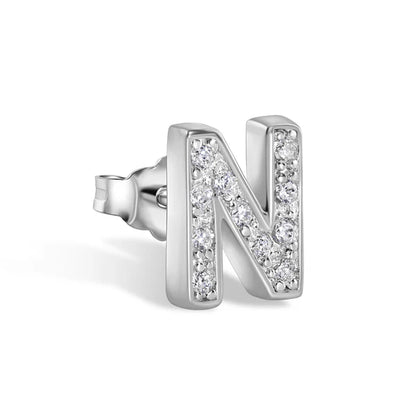 925 Sterling Silver Rhodium Plated Letter Alphabet Clear CZ 8.8mm Stud Single Earring