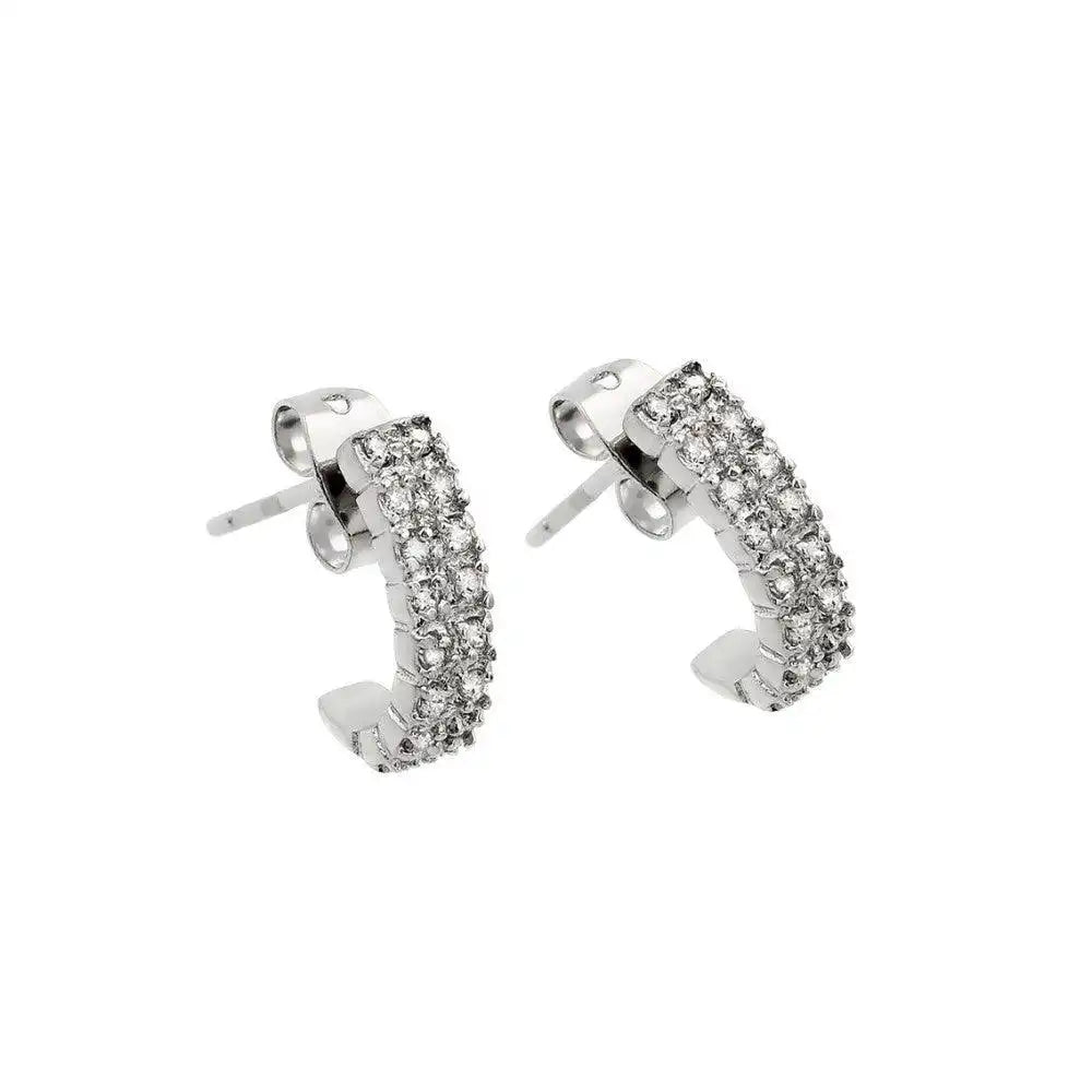 925 Sterling Silver Rhodium Plated Crescent Clear CZ Inlay Semi-huggie hoop Earrings