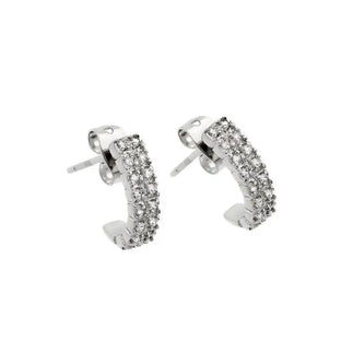 925 Sterling Silver Rhodium Plated Crescent Clear CZ Inlay Semi-huggie hoop Earrings