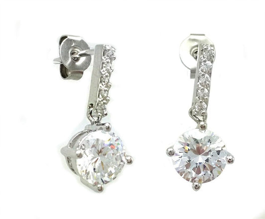 925 Silver Rhodium Plated Channel Round CZ Dangling Stud Earrings