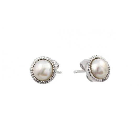 925 Sterling Silver Rhodium Plated Round CZ Inlay Center Fresh Water Pearl Stud Earrings