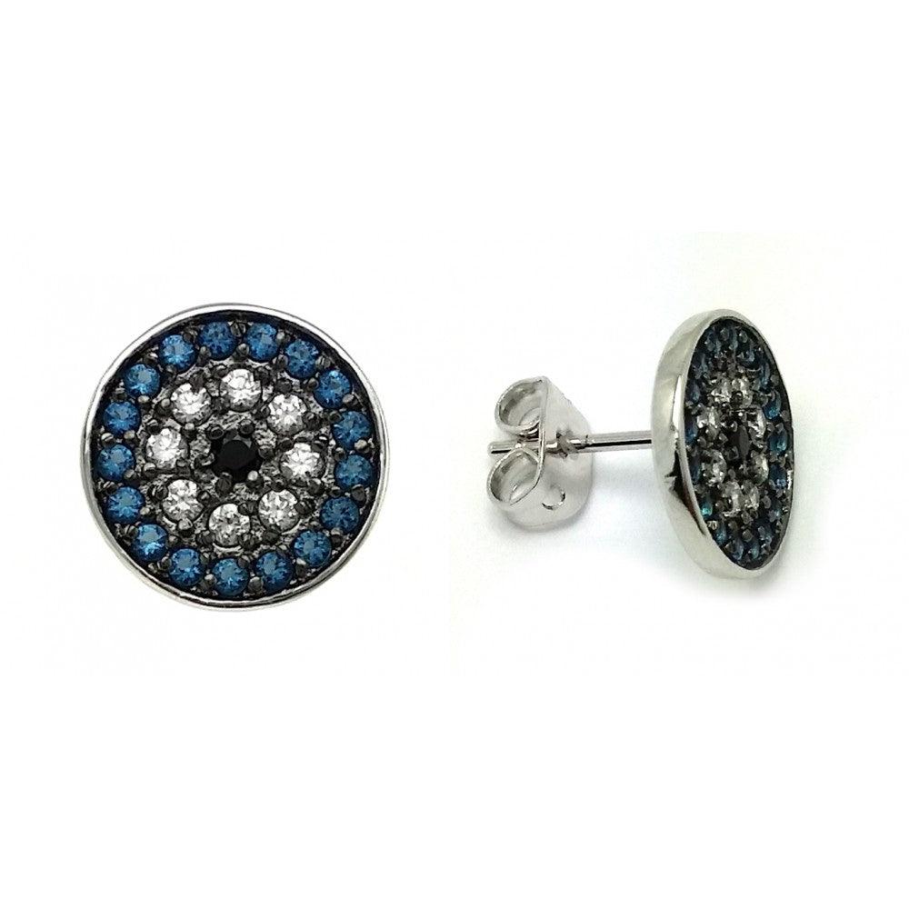 925 Silver Rhodium Plated Blue and Black and Clear CZ Inlay Stud Earrings