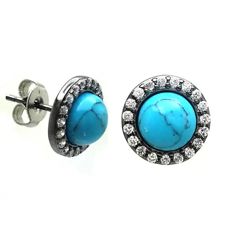 925 Sterling Silver Black Rhodium Plated Round Clear CZ Turquoise Center Stud Earrings