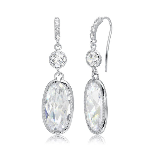 925 Sterling Silver Rhodium Plated Hanging Oval CZ Earrings