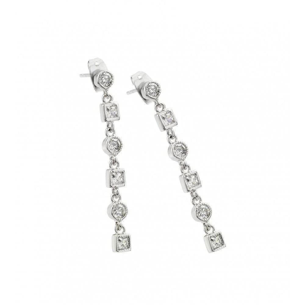 925 Silver Rhodium Plated Round and Square Clear CZ Dangling Stud Earrings