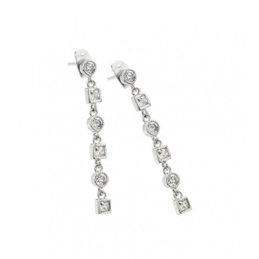 925 Silver Rhodium Plated Round and Square Clear CZ Dangling Stud Earrings