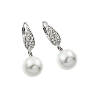 925 Sterling Silver Rhodium Plated Marquis CZ Hanging Pearl Leverback Earrings