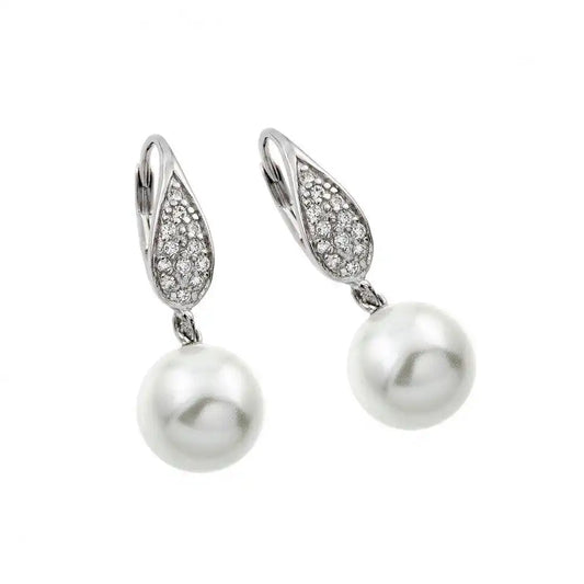 925 Sterling Silver Rhodium Plated Marquis CZ Hanging Pearl Leverback Earrings