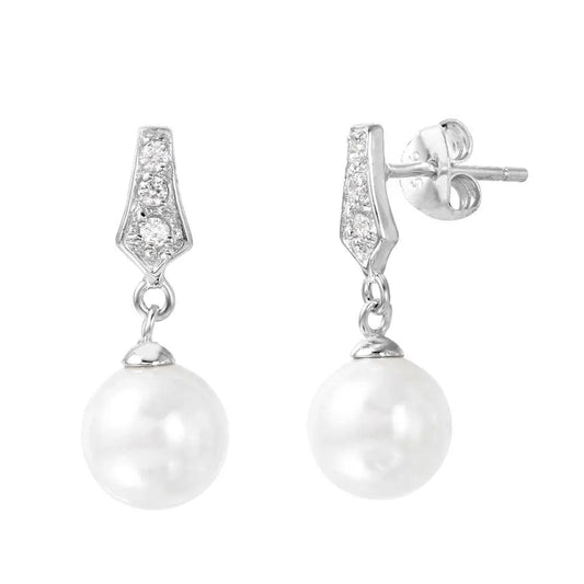 925 Rhodium Plated Silver CZ Dangling Pearl Post Earrings