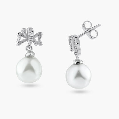 925 Sterling Silver Rhodium Plated Ribbon CZ Hanging Pearl Stud Earrings