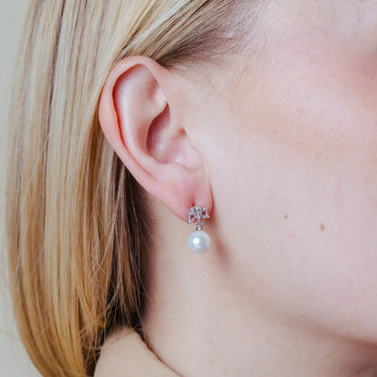 925 Sterling Silver Rhodium Plated Ribbon CZ Hanging Pearl Stud Earrings