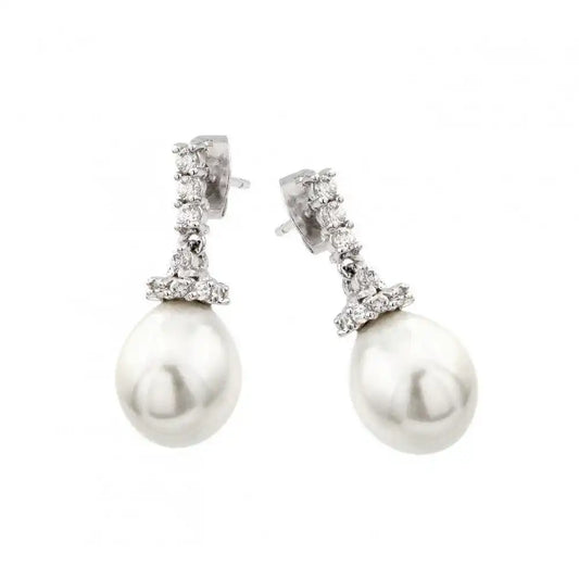 925 Sterling Silver Rhodium Plated CZ Hanging Pearl Stud Earrings