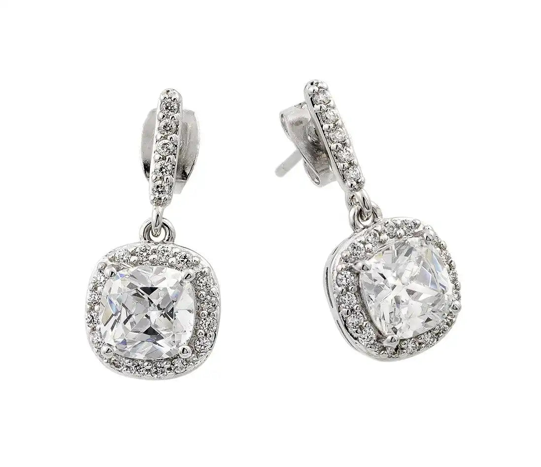 925 Sterling Silver Rhodium Plated Hanging Square Halo CZ Earrings