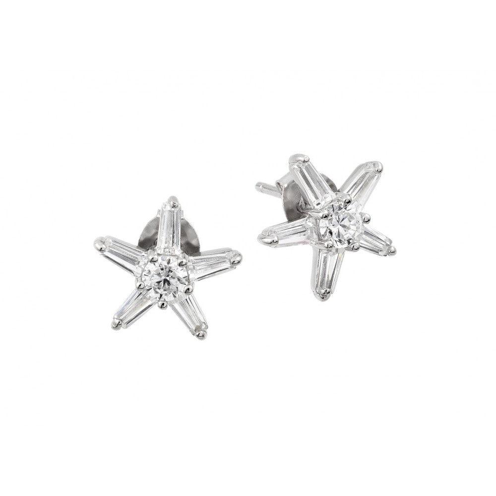 925 Silver Rhodium Plated Clear Round and Baguette CZ Star Earrings