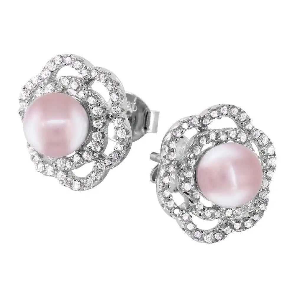925 Sterling Silver Rhodium Plated Flower Fresh Water Pearl Earrings
