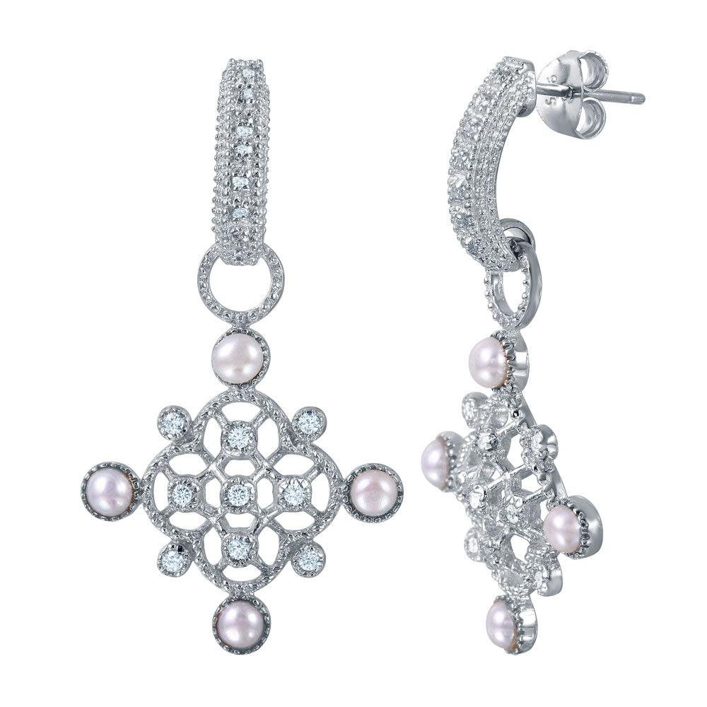925 Silver Rhodium Plated Ornate CZ Dangling Earrings With Synthetic Pearl Accents
