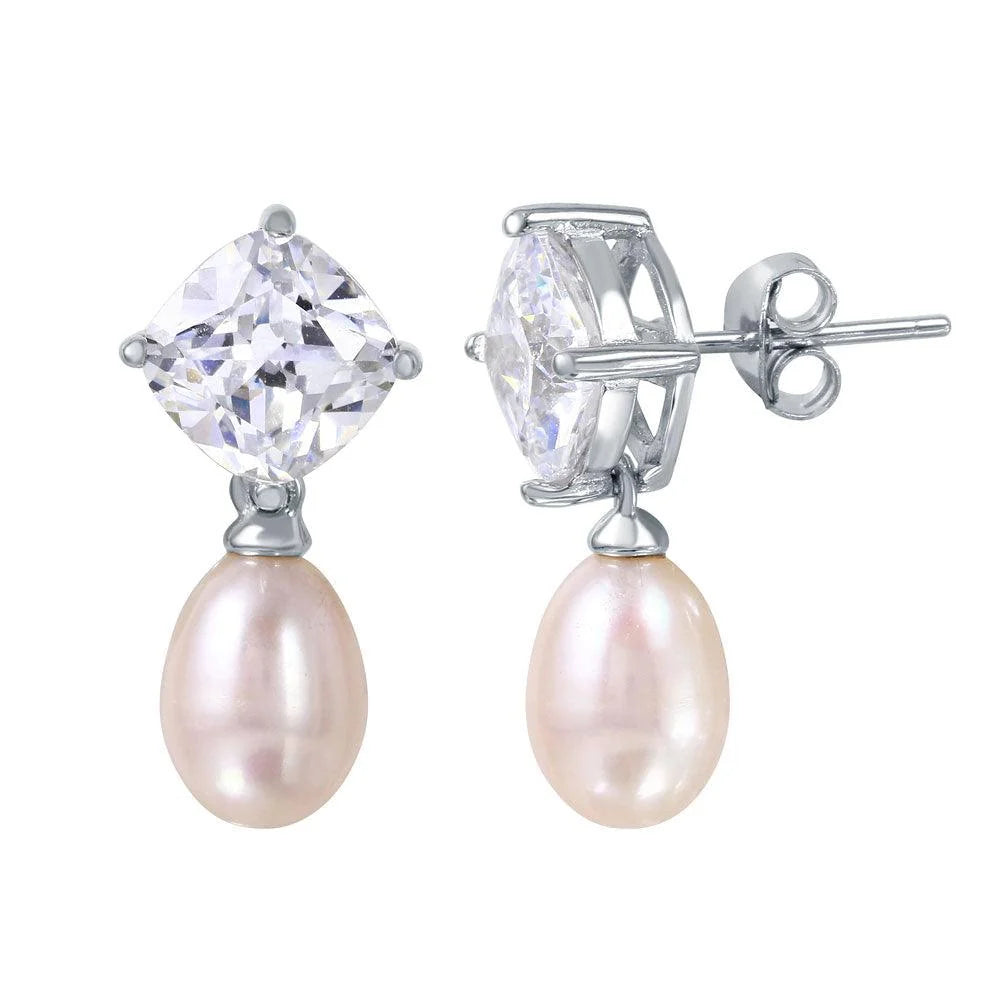 925 Silver Rhodium Plated Round Clear CZ Dangling Fresh Water Pearl Earrings