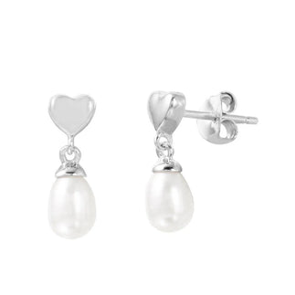 925 Silver Rhodium Plated Heart with Dangling Fresh Water Pearl Post Earrings
