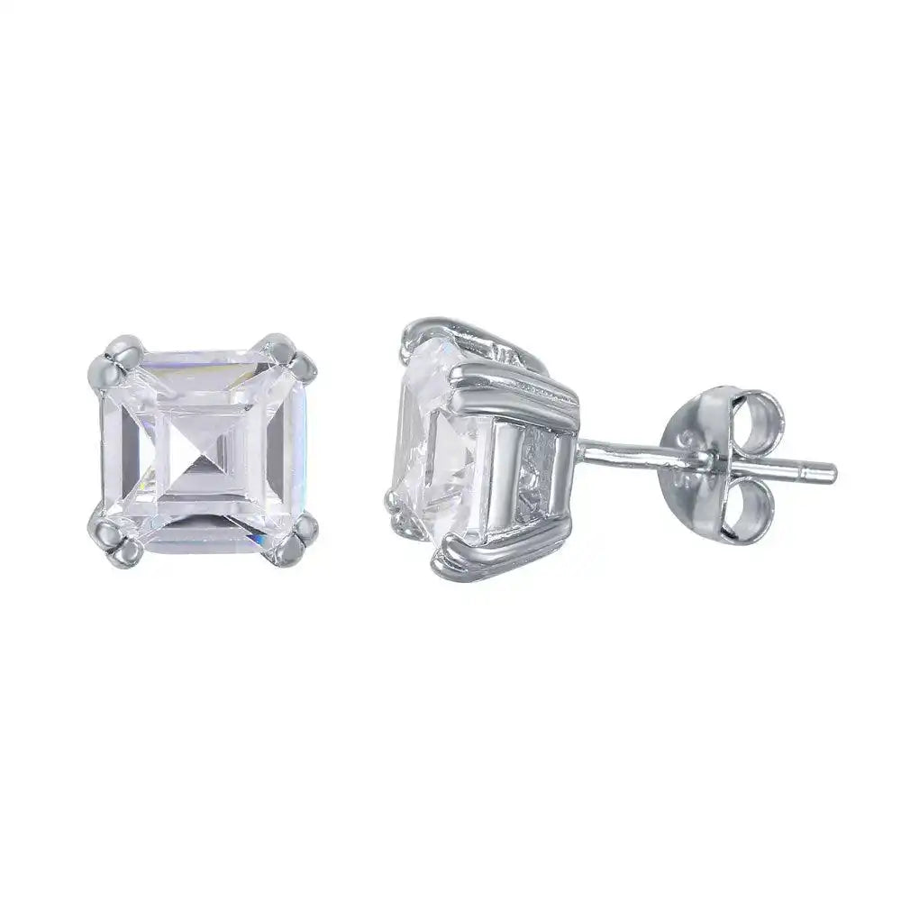 925 Sterling Silver Rhodium Plated Square CZ Solitaire Stud Earrings