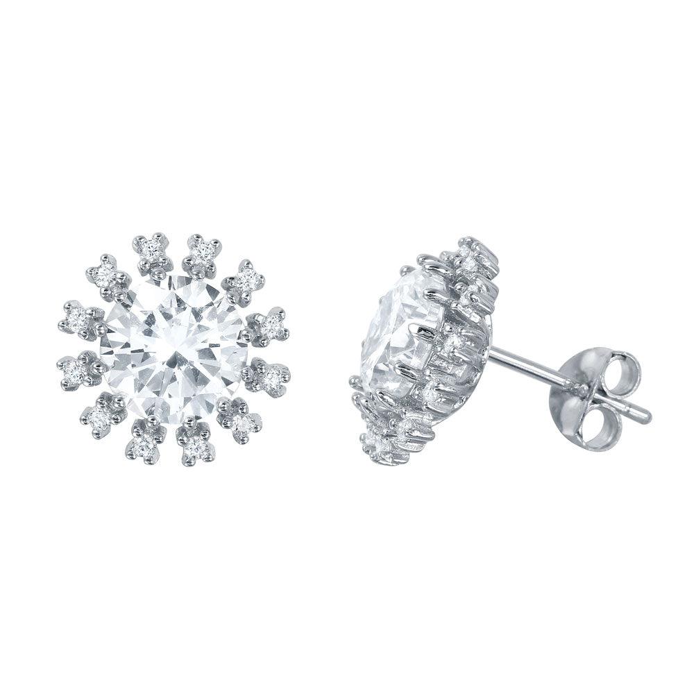 925 Silver Rhodium Plated Round CZ Radial Stud Earrings