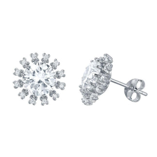 925 Silver Rhodium Plated Round CZ Radial Stud Earrings