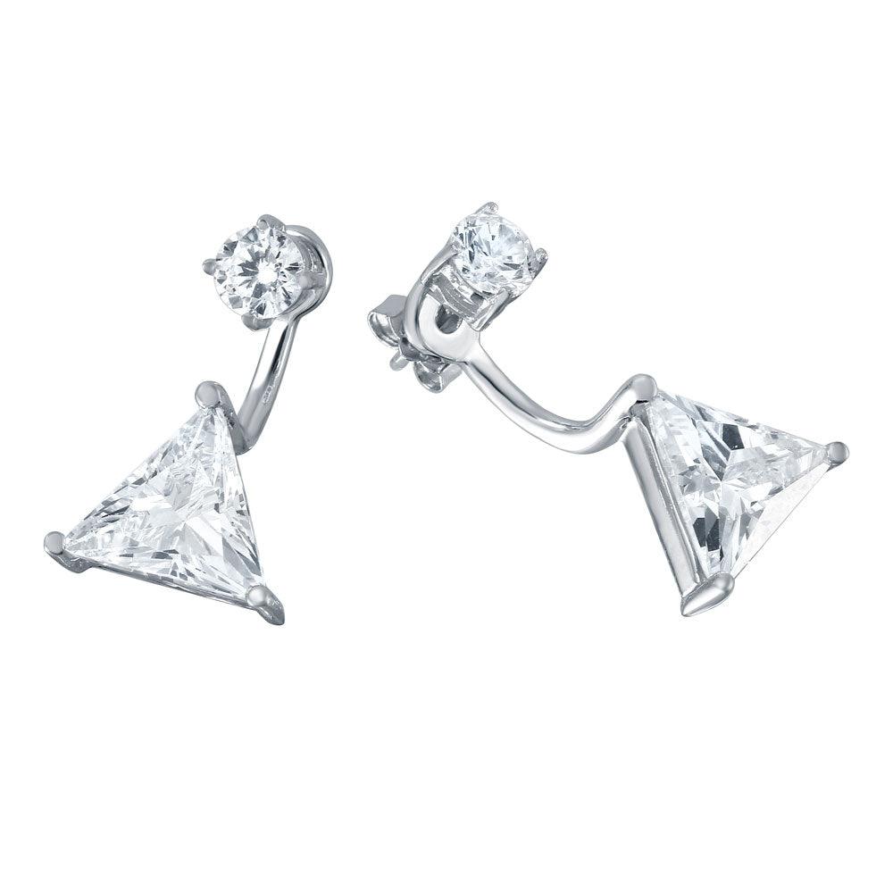 925 Silver Rhodium Plated CZ Trilliant Front and Back Earrings