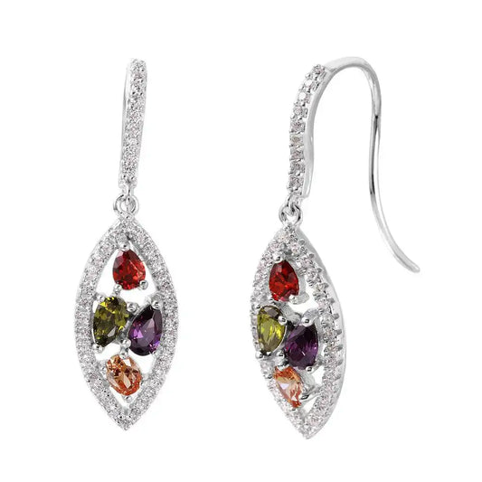 925 Sterling Silver Rhodium Plated Marquise-Shaped Multi-Color CZ Earrings