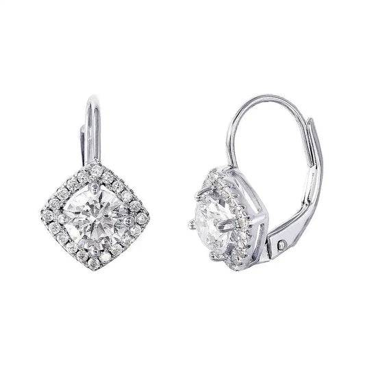 925 Sterling Silver Rhodium Plated Round Center CZ Stone Halo Earrings