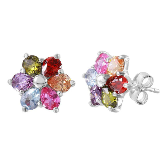 925 Sterling Silver Multi Color CZ Flower Stud Earrings