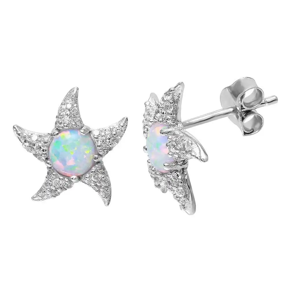 925 Sterling Silver Rhodium Plated Starfish with Opal CZ