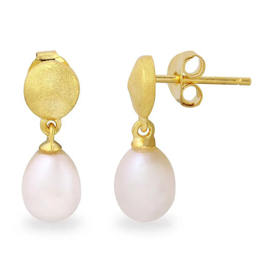 925 Sterling Silver Matte Finish Gold Plated Disc with Hanging Fresh Water Pearl Earrings