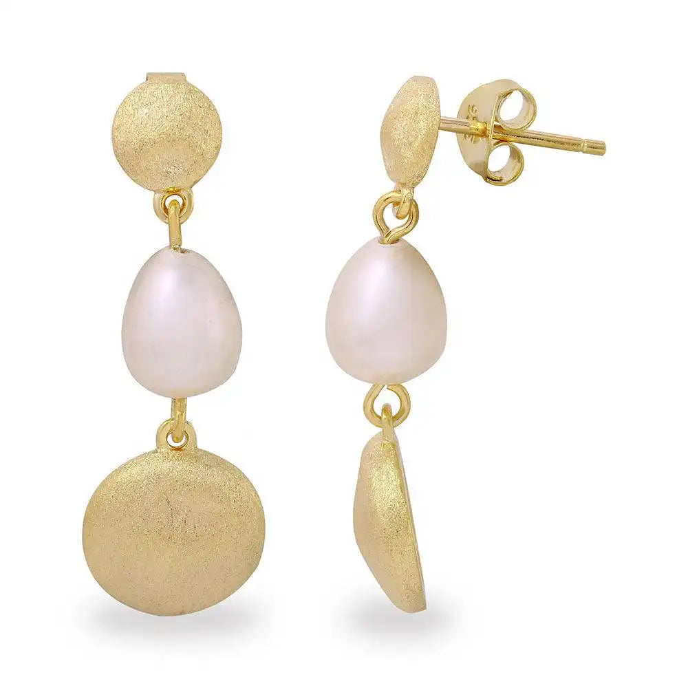 925 Sterling Silver Gold Plated Disc with Hanging Fresh Water Pearl Earrings