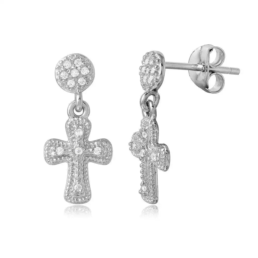 925 Sterling Silver Rhodium Plated Hanging Cross CZ Earrings