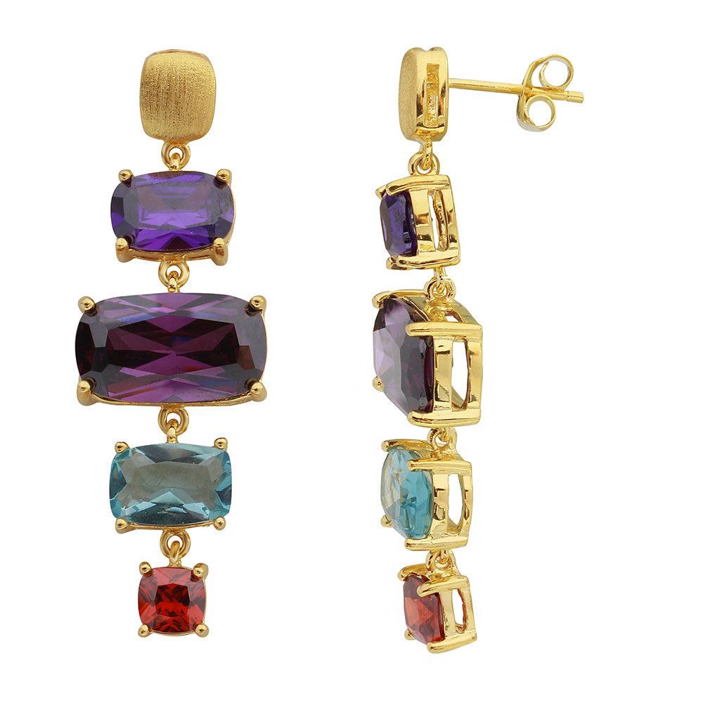 925 Sterling Silver Gold Plated Dangling Multi Color Baguette Cut CZ Necklace and Stud Earring
