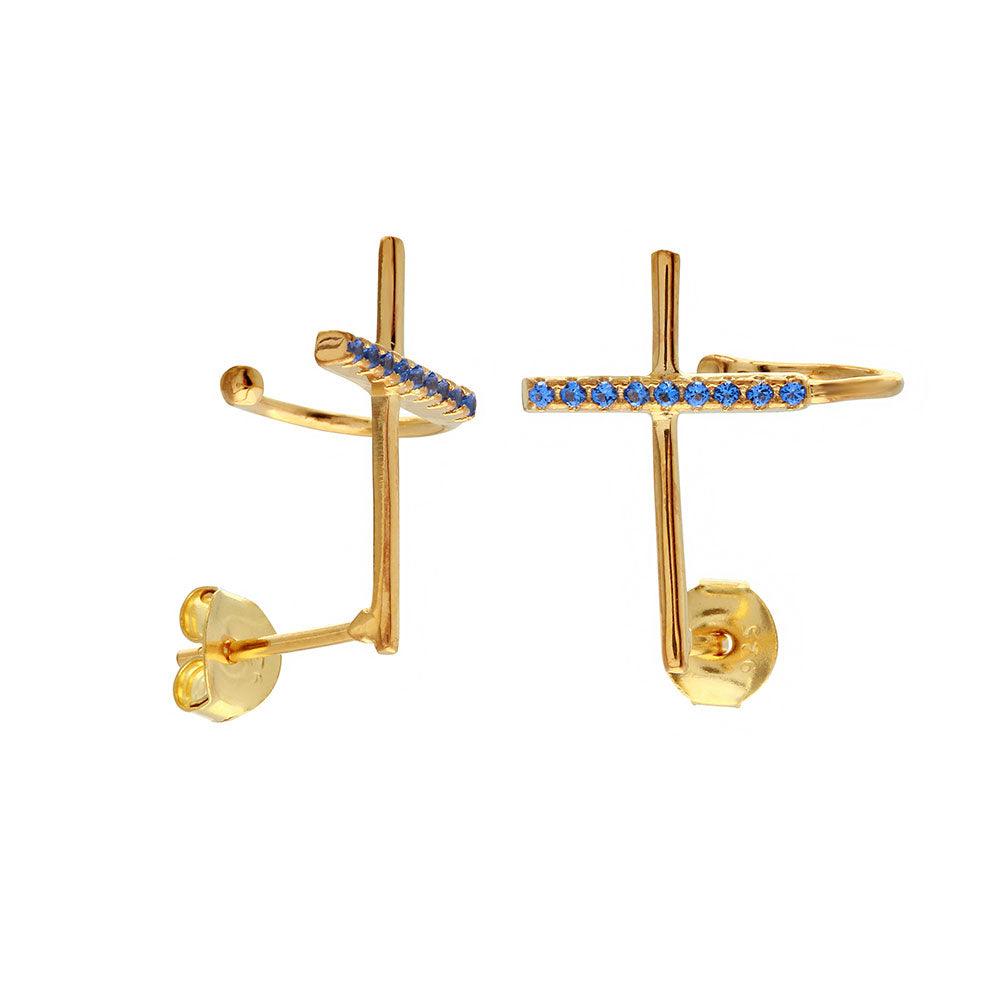 925 Silver Gold Plated Climbing Cross Earrings with Blue CZ Stones