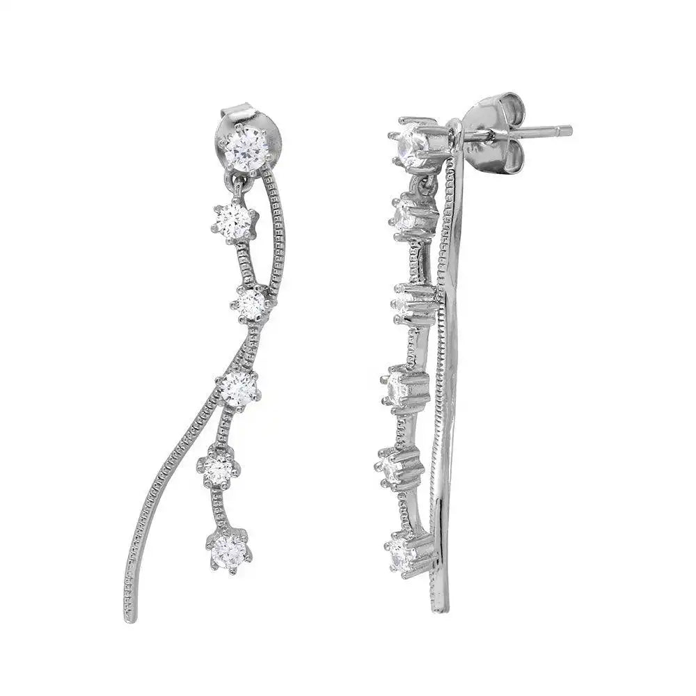 925 Sterling Silver Rhodium Plated Wave CZ Drop Earrings