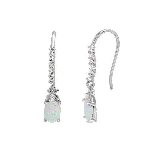 925 Sterling Silver Rhodium Plated Dangling Oval Opal with CZ Earrings
